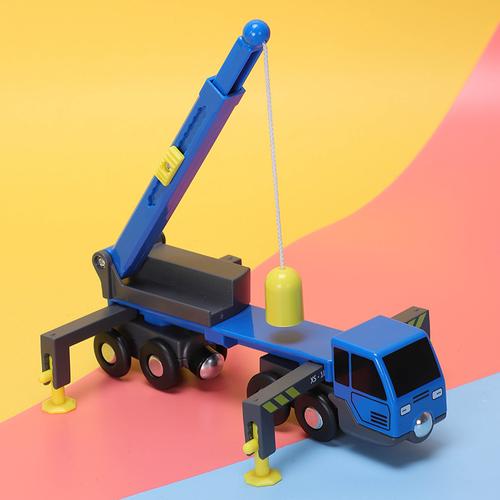 塑料工程工地车可伸缩吊臂起重机吊车兼容木质火车轨道玩具小车